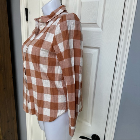 LOFT Plaid Flannel Scoop Hem Peter Pan Collar Puff Shoulder Button down Shirt L - Picture 5 of 9